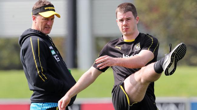 Jack Higgins returns to training under the watchful eye of Damien Hardwick. Picture: Michael Klein