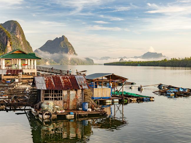 Fisherman Village in the Morning at Panyi Fisherman Village, Phang-gna Province, Thailand