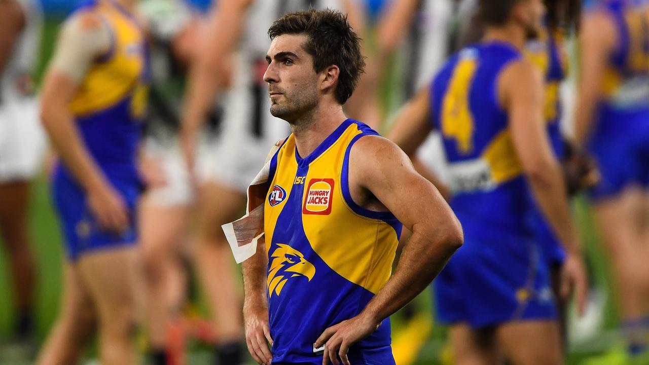 PERTH, AUSTRALIA - OCTOBER 03: Andrew Gaff of the Eagles looks dejected after a loss during the 2020 AFL First Elimination Final match between the West Coast Eagles and the Collingwood Magpies at Optus Stadium on October 03, 2020 in Perth, Australia. (Photo by Daniel Carson/AFL Photos via Getty Images)