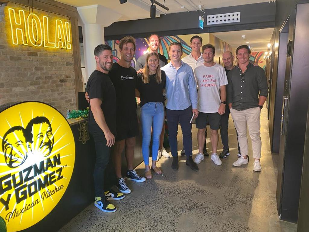 From left to right: Steven Marks, Guzman Y Gomez CEO and founder; Matt De Boer AFL GWS Giants and Athletic Ventures Founder; Maddy Proud Super Netball, NSW Swifts; Lach Keefe AFL GWS Giants; Cam Murray NRL Rabbitohs; Cal Sinclair AFL Sydney Swans; Toby Greene AFL GWS Giants; Mike Hirshowiitz CFO and COO at Guzman Y Gomez. Picture: Supplied