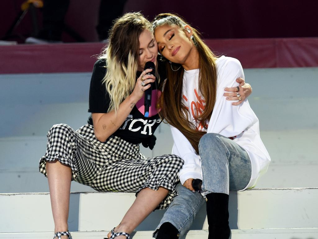 Miley Cyrus and Ariana Grande at the 'One Love Manchester' benefit concert in 2017. Picture: Getty Images