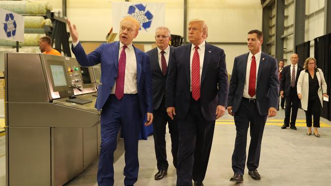 Prime Minister Scott Morrison and President Donald Trump visit Anthony Pratt's new recycling plant in Ohio. Picture: Adam Taylor