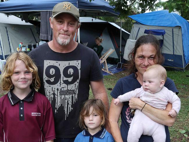 David Stephenson and Rochelle Sneddon with their kids Shaeleah, 11, Charli, 6, Lilliana, 2, and Paisley-May, 6 months-old, Homeless living in Mckillop Park, Rothwell, part of the Premier Steve Miles electorate. Picture: Liam Kidston