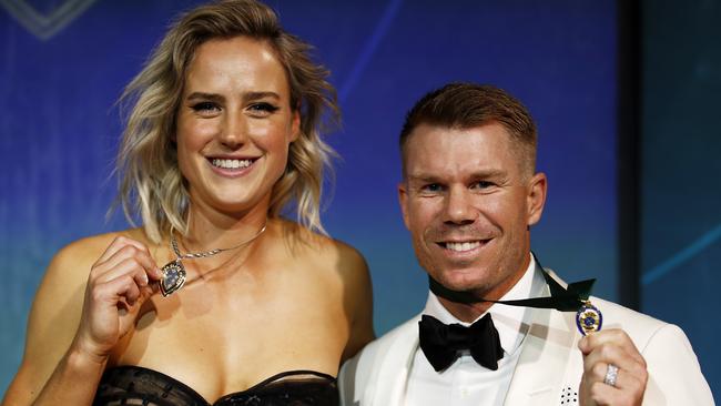 Ellyse Perry, winner of the Belinda Clark Award, poses with David Warner, winner of the Allan Border Medal at the Cricket Australia Awards Picture: Getty Images