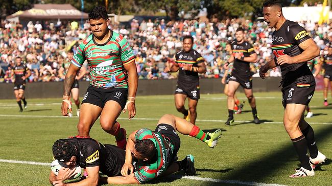 Homegrown talent turned NRL star Matt Burton scores for the Panthers in Dubbo. Picture: Mark Kolbe/Getty Images