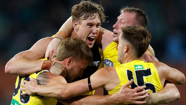 Nathan Broad, Tom Lynch, Dylan Grimes and Jayden Short celebrate getting through to another Grand Final.