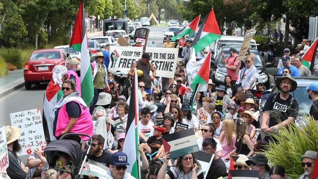 Free Palestine Protest in Little Malop St Geelong then stopping in Malop St then onto Transvaal Square Picture: Mark Wilson