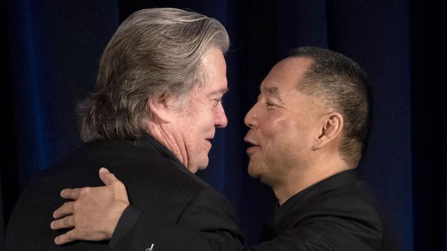 Former White House chief strategist Steve Bannon greets fugitive Chinese billionaire Guo Wengui before a news conference in New York in November 2018. Picture: AFP