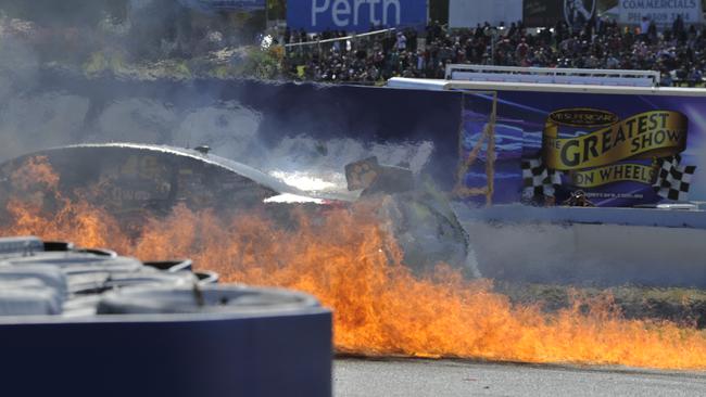 Reindler’s car burst into flames after being struck by Owen at 150km/h. Picture: Kerris Berrington