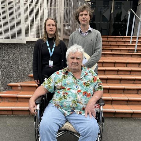 Public Trustee client Michael Burles with his advocate Ginny Tombs, from Advocacy Tasmania, and his lawyer Ben Bartl. Picture: Supplied