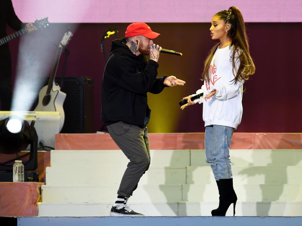 Ariana performing at the ‘One Love Manchester’ benefit concert with her former boyfriend, rapper Mac Miller. Sadly he died from a drug overdose on September 7, 2018 aged 26.. Picture: Getty Images