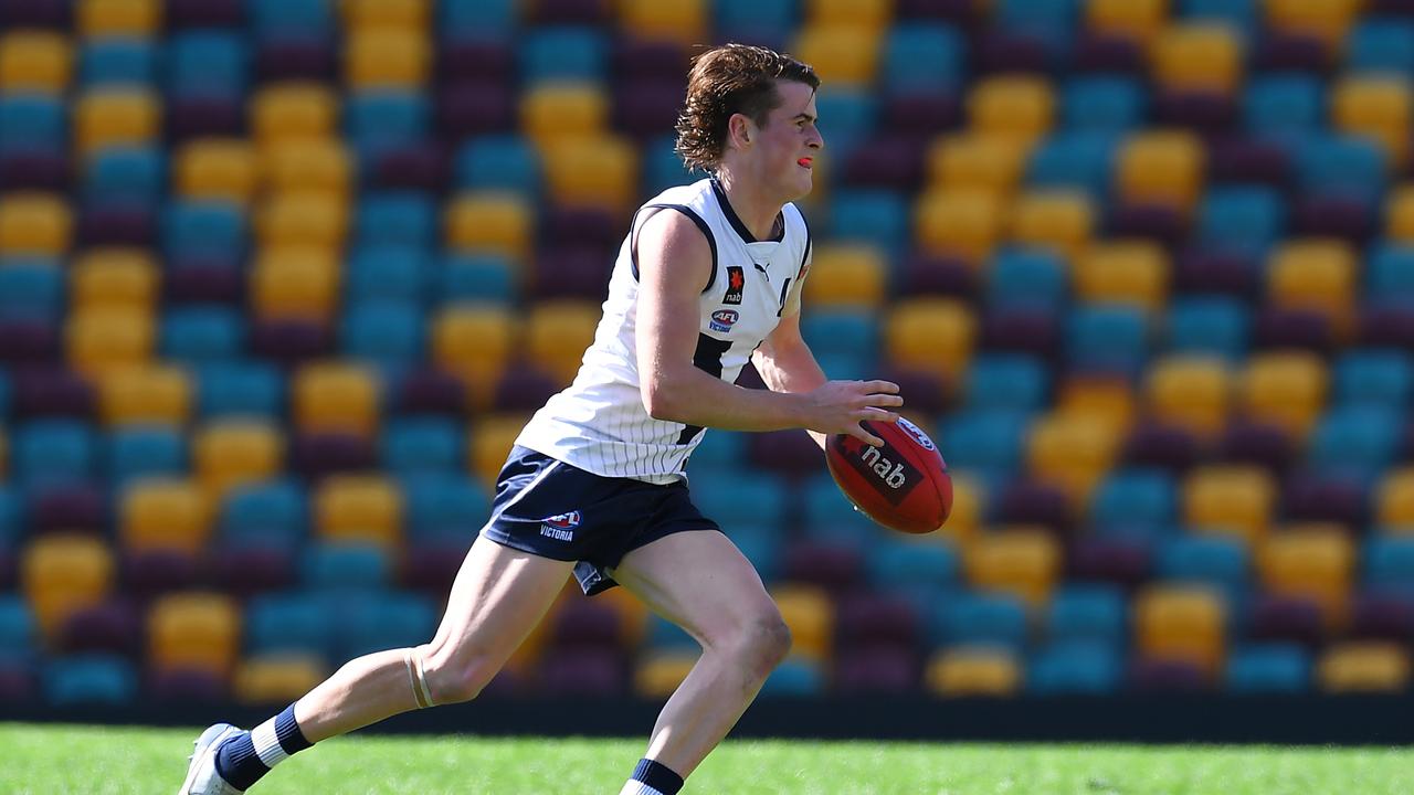 Jaxon Binns collecting one of his 39-disposals against the Allies. Picture: Albert Perez/AFL Photos via Getty Images