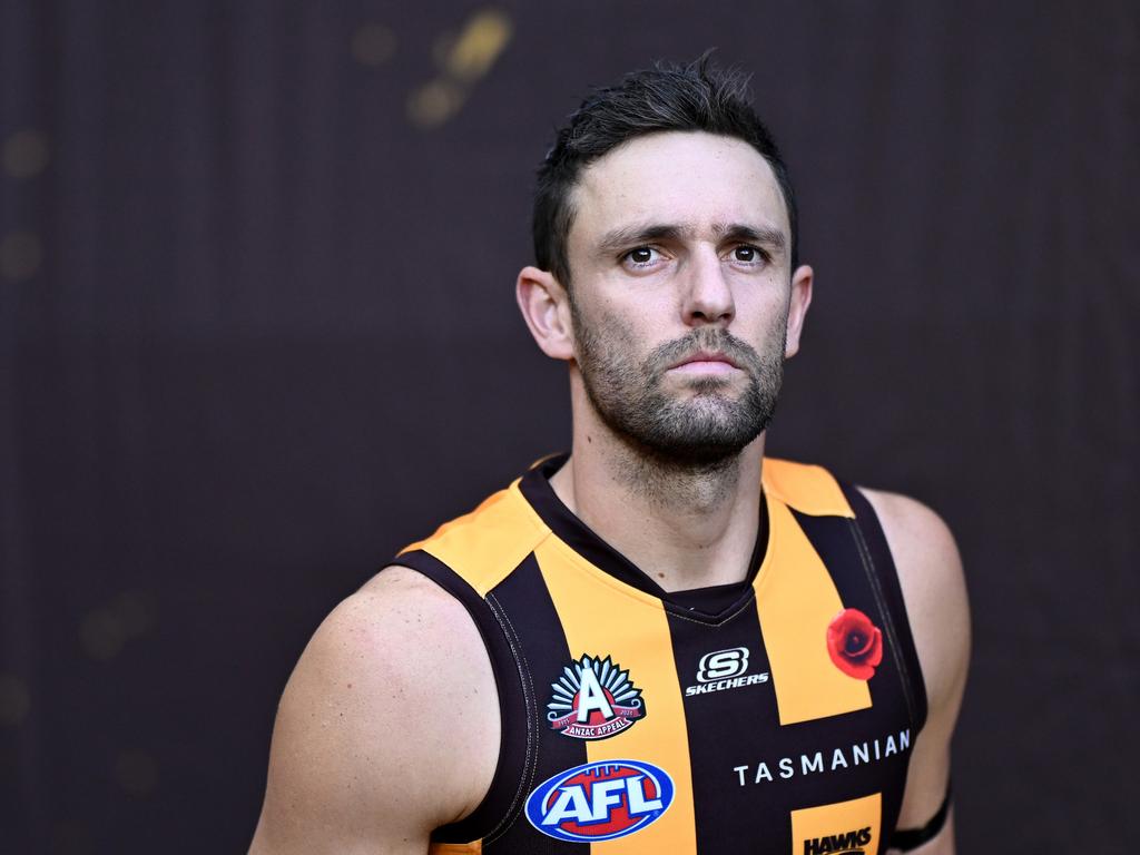 MELBOURNE, AUSTRALIA – APRIL 28: Jack Gunston of the Hawks walks out onto the field during the round seven AFL match between Hawthorn Hawks and Sydney Swans at Melbourne Cricket Ground, on April 28, 2024, in Melbourne, Australia. (Photo by Quinn Rooney/Getty Images)