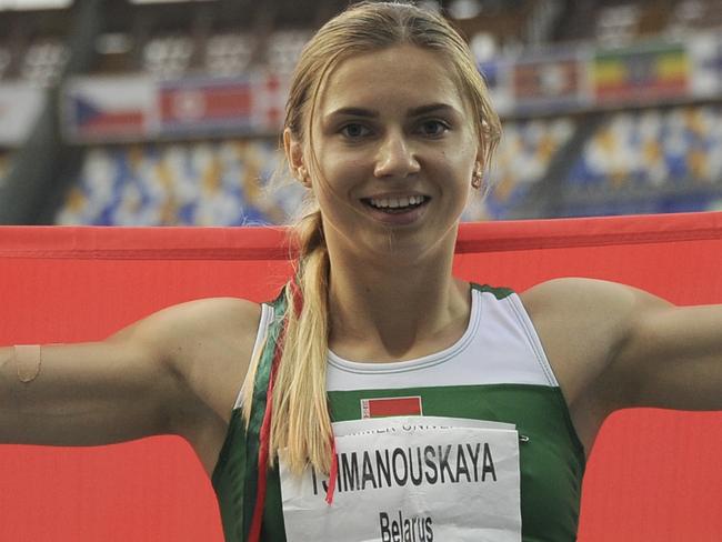 NAPLES, ITALY - JULY 11: Krystsina Tsimanouskaya of Belarus reacts during Women's 200 m Final during day four of the 2019 Summer Universiade on July 11, 2019 in Naples, Italy. (Photo by Ivan Romano/Getty Images)