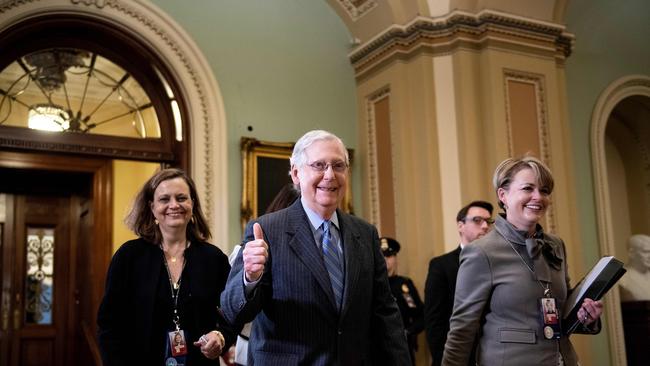 Republican Senate Majority Leader Senator Mitch McConnell gives a thumbs up at the conclusion of the day during the impeachment trial of the US President. Picture: AFP