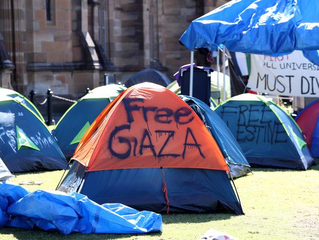 Pro-Palestine protesters camp at Sydney University, mirroring similar encampments across US universities where hundreds have been arrested. Picture: Damian Shaw