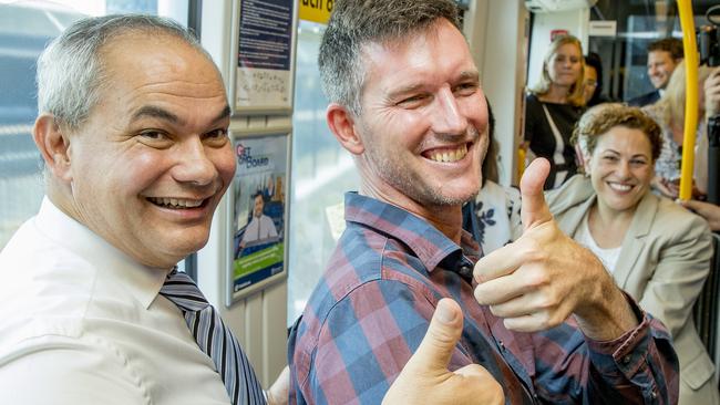 Gold Coast Mayor Tom Tate, Mark Bailey MP and Deputy Premier of Queensland Jackie Trad sare all big fans of the tram. Picture: Jerad Williams