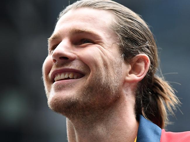 Newly recruited Adelaide Crows player Bryce Gibbs is seen at the Nixon hotel in Melbourne, Thursday, October 19, 2017. Gibbs is finally an Adelaide player after the Crows agreed to deal two AFL first-round draft picks to Carlton. (AAP Image/Julian Smith) NO ARCHIVING