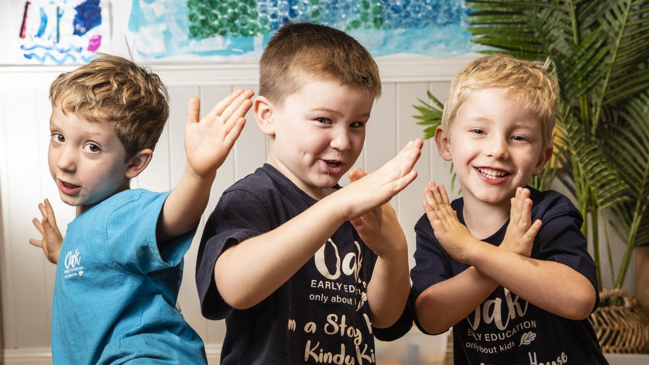 Oak on Jellicoe pre-Prep students (from left) Finn Kropp, Archie Firth and Logan Krisanski get into Teenage Mutant Ninja Turtle mode. Picture: Kevin Farmer