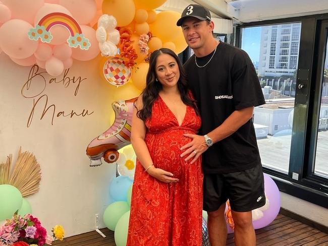 Roosters star Joseph Manu and his partner, Tyrelle, are expecting the birth of their first child. Picture: Instagram