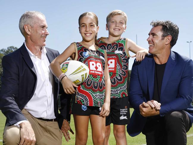 DAILY TELEGRAPH 14TH MARCH 2025STRICTLY EMBARGOED - TALK TO PIC DESK BEFORE USE - Pictured at Moore Park in Sydney is AFL great Marcus Ashcroft , ARL Commissioner Kate Jones and Rugby League legend Brad Fittler.Brad Fittler is joining the Board of Touch Football, Marcus Ashcroft is becoming the new CEO and Kate Jones is pushing to get Touch into the 2032 Brisbane Olympics. Picture: Richard Dobson