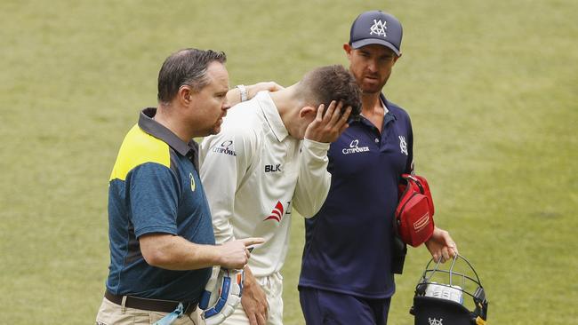 Nic Maddinson suffered a broken arm when he was struck by a Jhye Richardson fastball during the Sheffield Shield. Picture: AAP