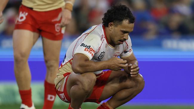 NEWCASTLE, AUSTRALIA - SEPTEMBER 08: Trai Fuller of the Dolphins reacts during the round 27 NRL match between Newcastle Knights and Dolphins at McDonald Jones Stadium, on September 08, 2024, in Newcastle, Australia. (Photo by Scott Gardiner/Getty Images)