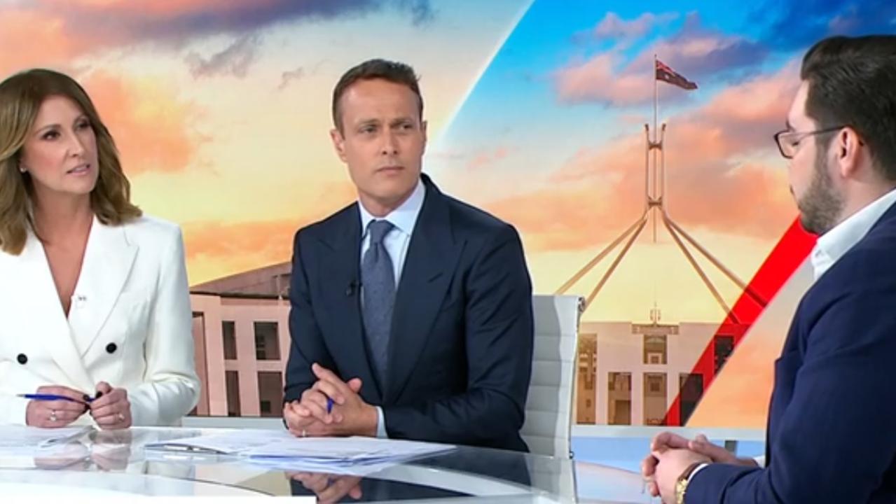 Bruce Lehrmann was grilled on Sunrise by hosts Natalie Barr and Matt Shirvington. Picture: Seven