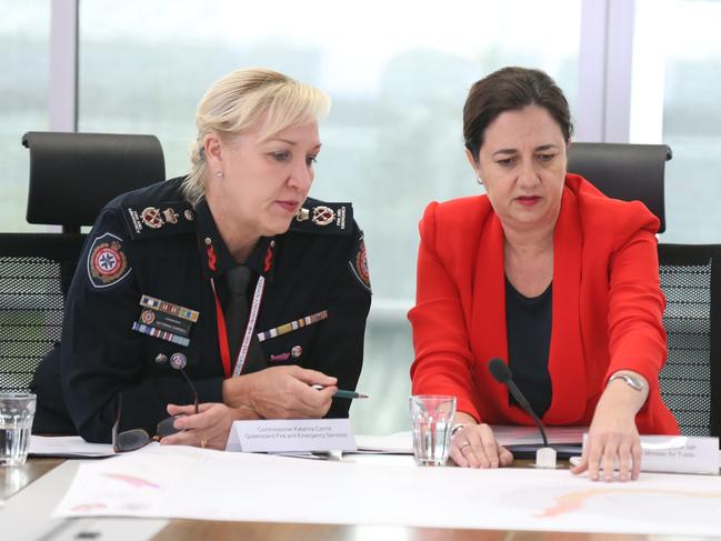 Katarina Carroll as Queensland Fire and Emergency Services commissioner with Premier Annastacia Palaszczuk at a disaster management meeting in the lead-up to 2018’s Cyclone Nora.