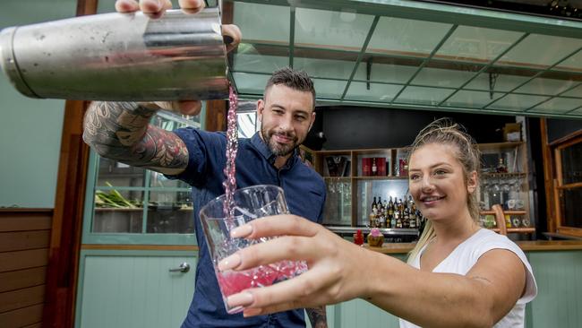 Andy Trotter and Renee Gauthier at the new White Rhino Garden Bar. Picture: Jerad Williams