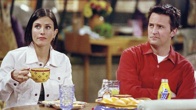 Matthew Perry’s Chandler Bing went from a smoker bullied into quitting by his friends to the doting husband of Monica (Coureney Cox). Picture: NBC via Getty Images