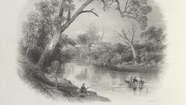 An 1860s drawing of the Yarra as a fishing spot with the Johnston St Bridge in the background. Picture: State Library of Victoria