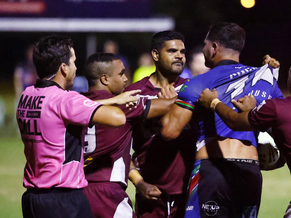 A scuffle breaks out in the Far North Queensland Rugby League (FNQRL) Men's minor semi final match between the Innisfail Leprechauns and the Yarrabah Seahawks, held at Smithfield Sporting Complex. Picture: Brendan Radke