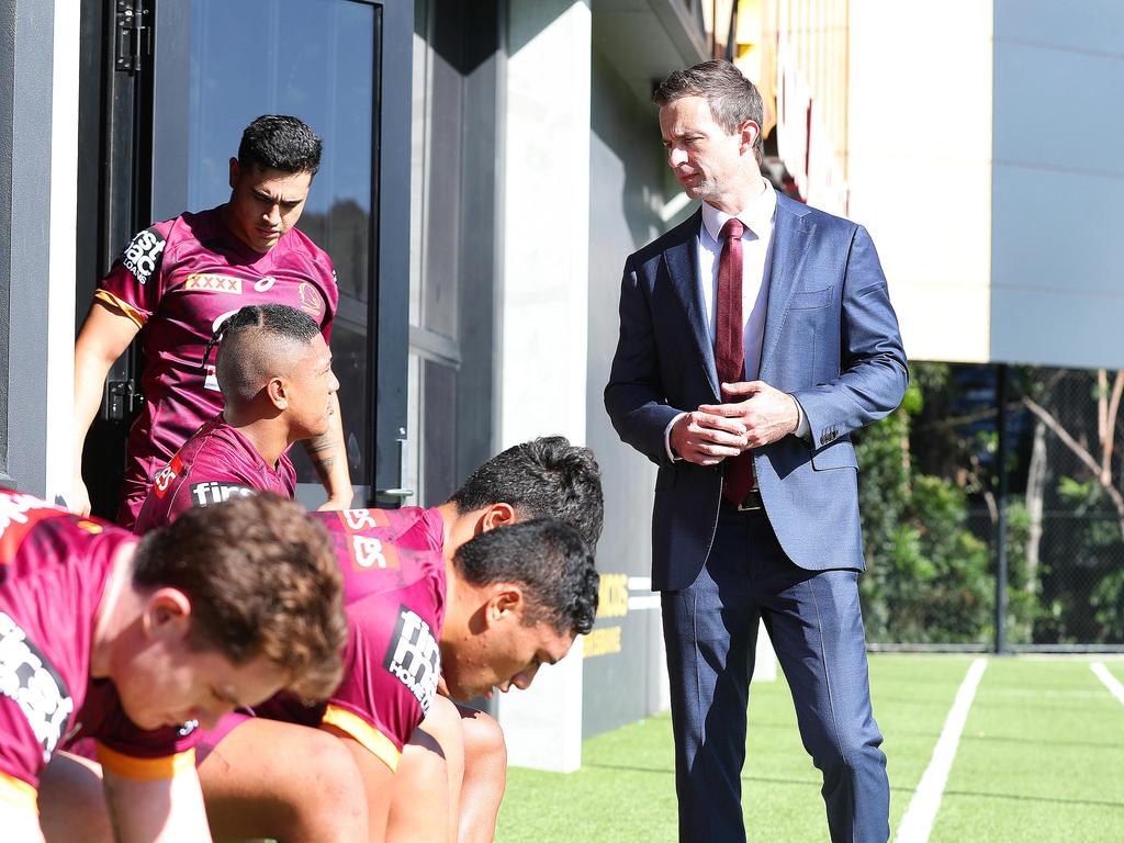 Dave Donaghy with Broncos players. Picture: Liam Kidston