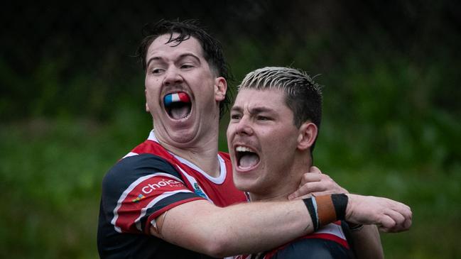 Jack Smith and Tim Fitzpatrick celebrating a try. Picture: Julian Andrews