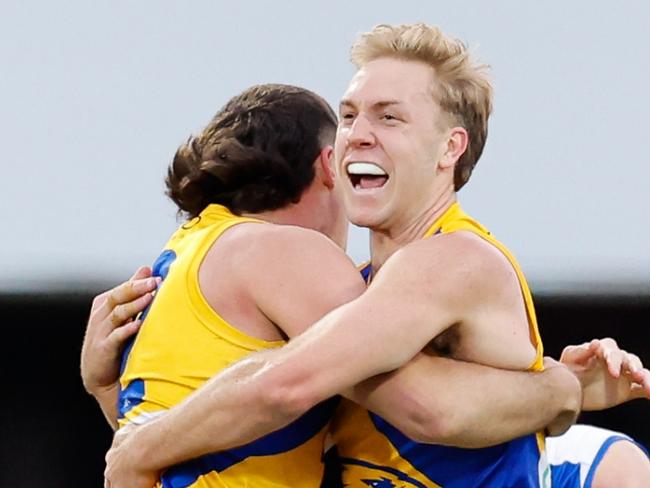 HOBART, AUSTRALIA - AUG 10: Oscar Allen and Jake Waterman of the Eagles celebrate a win after the siren during the 2024 AFL Round 22 match between the North Melbourne Kangaroos and the West Coast Eagles at Blundstone Arena on August 10, 2024 in Hobart, Australia. (Photo by Dylan Burns/AFL Photos via Getty Images)
