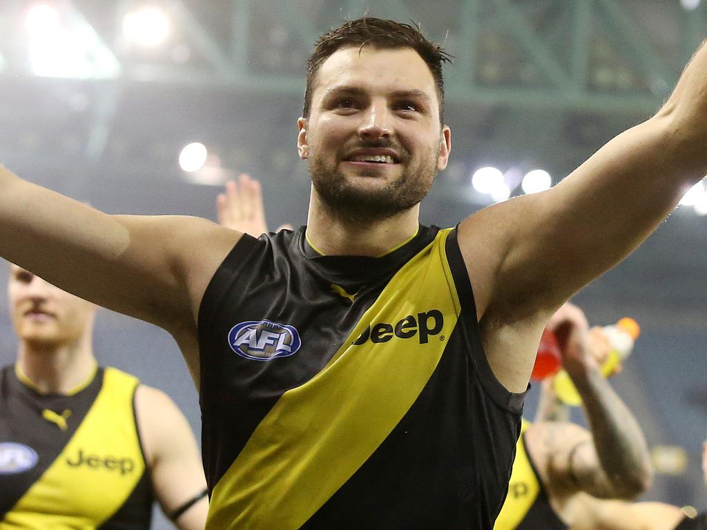 AFL Round 15. 28/06/2018.  Richmond v Sydney at Etihad Stadium.  Richmond's Toby Nankervis leads the tigers off Etihad Stadium  . Pic: Michael Klein