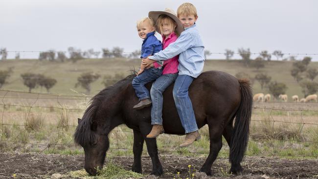 Harry, Sarah and George Mudford at Cassilis NSW. Picture: Kim Storey