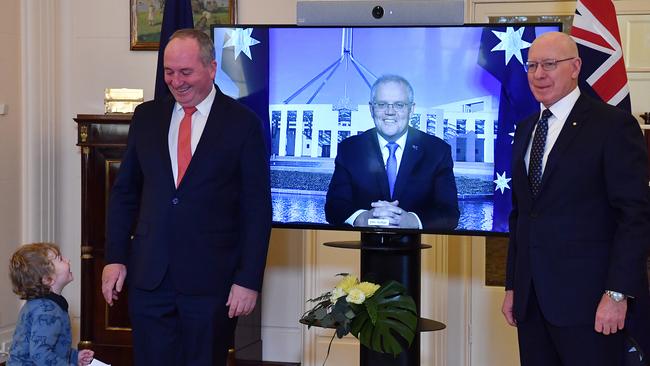 Scott Morrison observed the ceremony via video link from quarantine. Picture: Getty Images