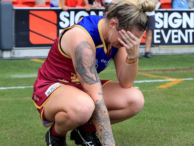 Tears flow for Jessica Wuetschner after losing the Women's AFLW Grand Final between the Brisbane Lions and Adelaide Crows at Metricon Stadium on the Gold Coast. Pics Adam Head