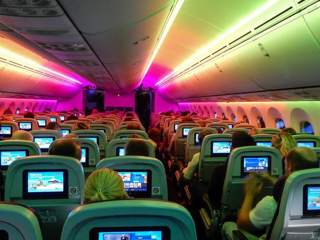 ESCAPE: Travel Wisdom, July 29 - FDDA1G colourful lights in new boeing dreamliner. Image shot 2016. Picture: Alamy