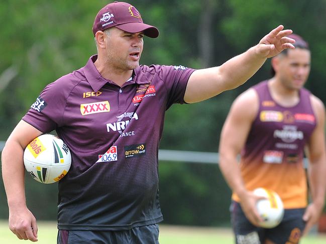 New Brisbane Bronco's coach Anthony Seibold at training for the first time after the termination of Wayne Bennett's contract. Picture: John Gass