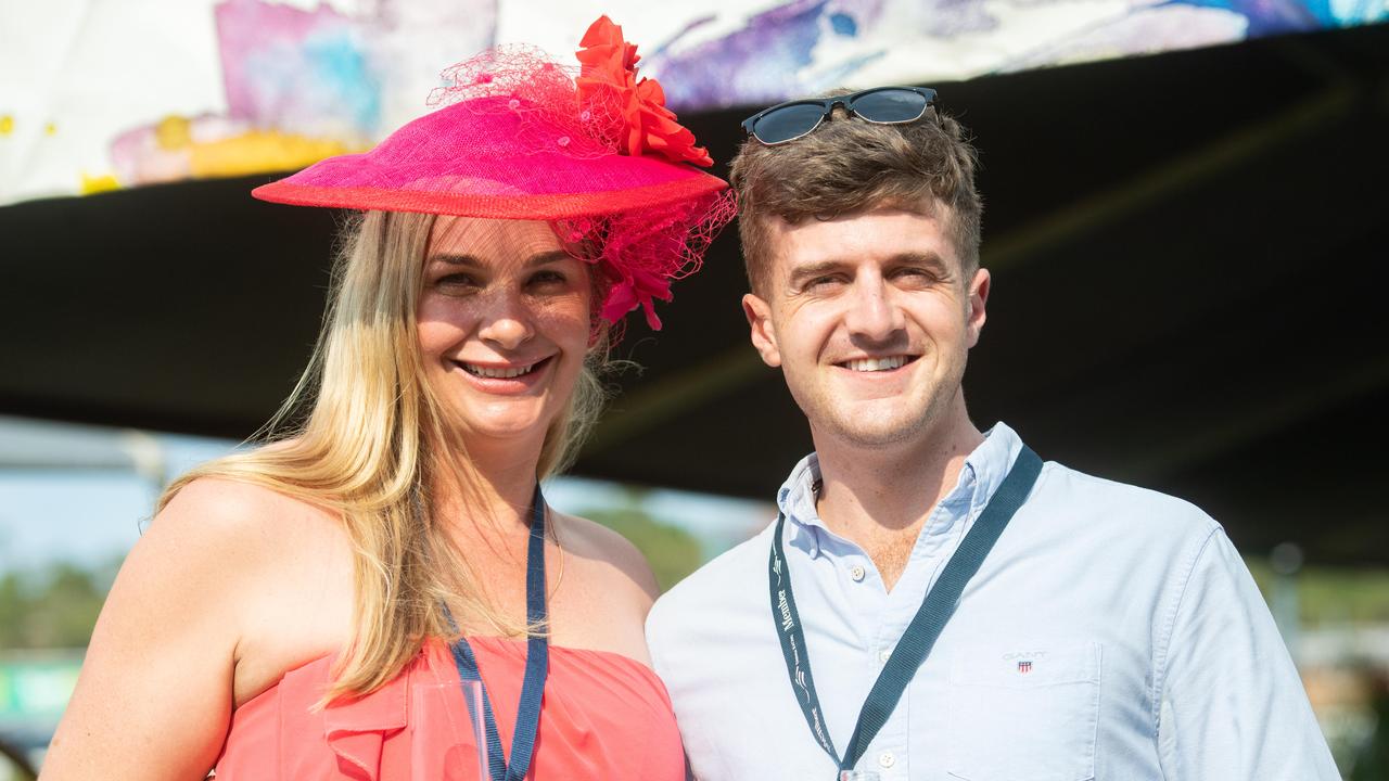 Sue-Ellen Biddiscombe and Braiden Athanitis enjoy all the glitz and glamour from the 2020 Great Northern Darwin Cup Carnival. Picture: Che Chorley