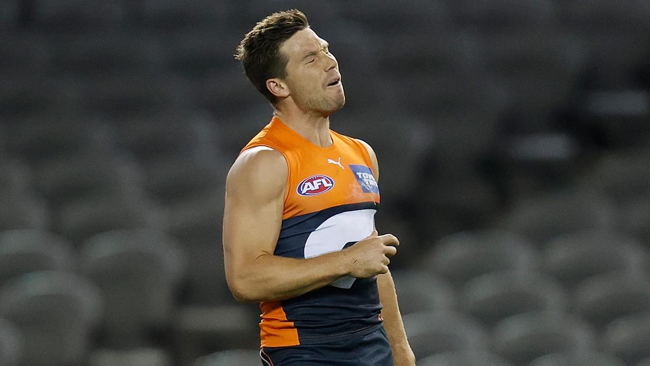 Toby Greene of the Giants rues a missed shot on goal.