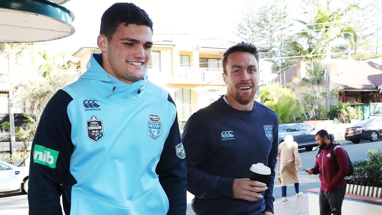 Nathan Cleary and James Maloney of the NSW Blues.
