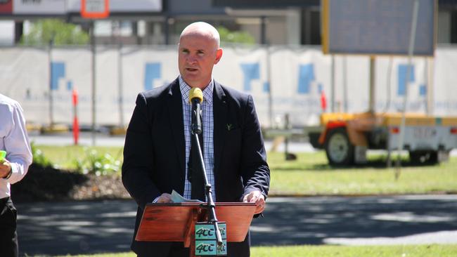 Member for Gladstone Glenn Butcher addresses the 54th Long Tan Day Commemorations at Anzac Park. Picture Rodney Stevens