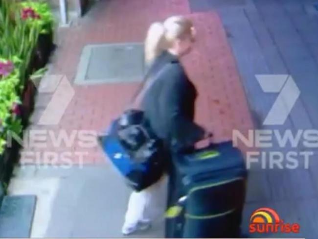 Ms Sainsbury leaving the $40 a night downtown hotel shortly before her arrest. Picture: 7 News/Sunrise.