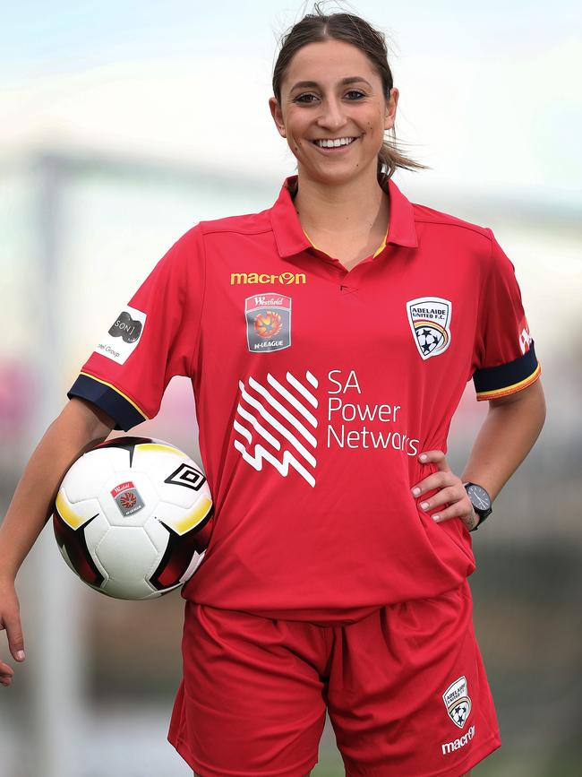 Lucy Adamopoulos, pictured in 2016 after signing with Adelaide United’s W League side. Picture: Picture Dean Martin