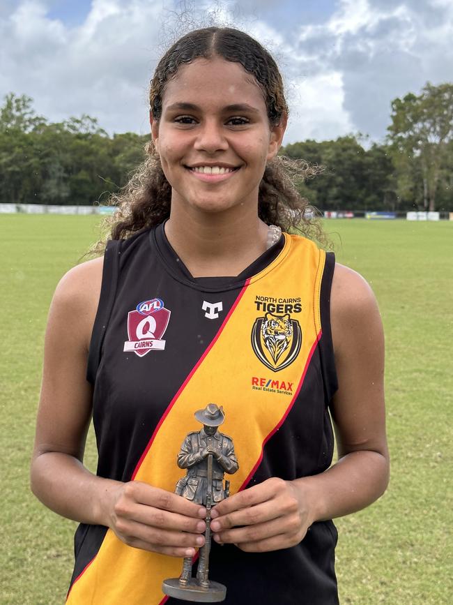 Tiger's Heidi Talbot won the Anzac Day Trophy for best North Cairns Tiger in their Anzac Day clash against South Cairns Cutters at Watson's Oval. Picture: Jake Garland