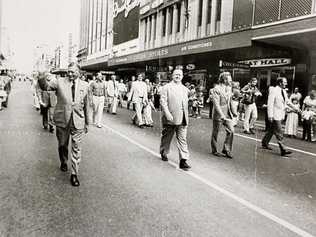 Labor heavyweight Jack Egerton (front middle) flanked by Clem Jones (Brisbane mayor 1961-1975)  and Bob Hawke  (Prime Minister of Australia and the Leader of the Labor Party from 1983 to 1991). Picture: Contributed